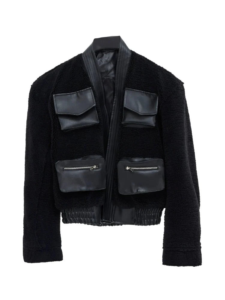 Deconstructed Retro Sherpa Jacket | Chinese Collar Woolen Cardigan with 3D Pockets