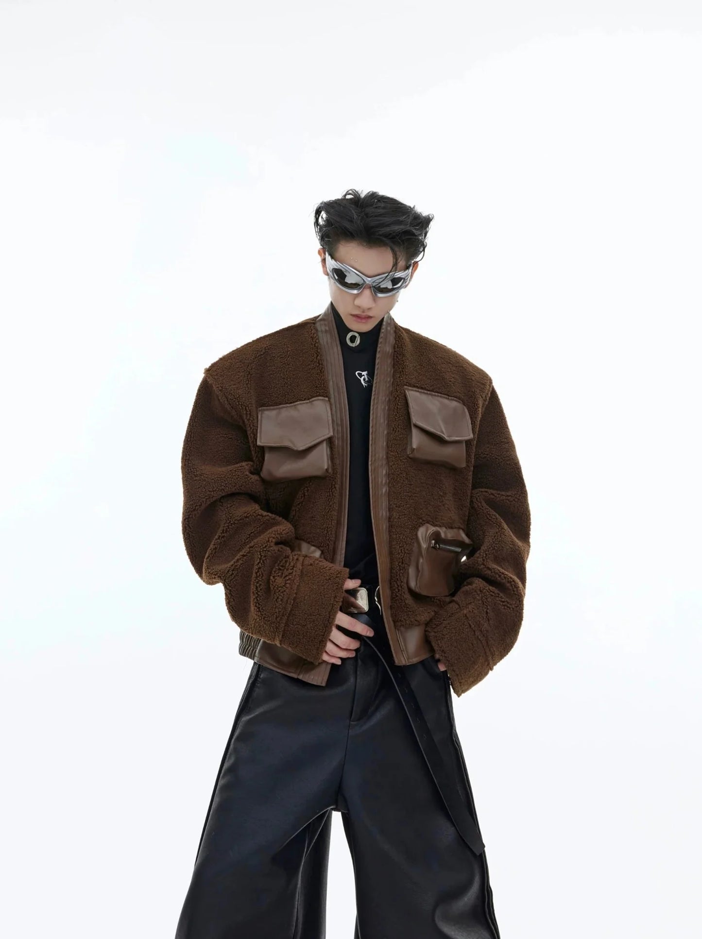 Deconstructed Retro Sherpa Jacket | Chinese Collar Woolen Cardigan with 3D Pockets