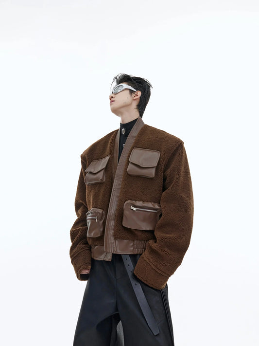 Deconstructed Retro Sherpa Jacket | Chinese Collar Woolen Cardigan with 3D Pockets