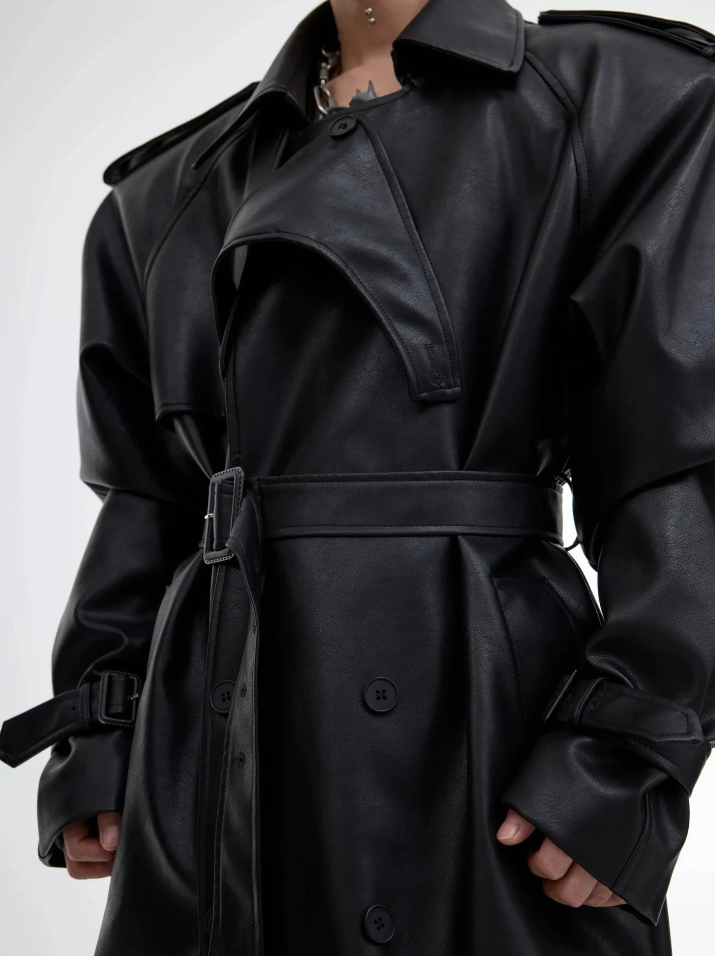 Deconstructed Split Shoulder Pad Faux Leather Coat | Structured Long Over-Knee Trench