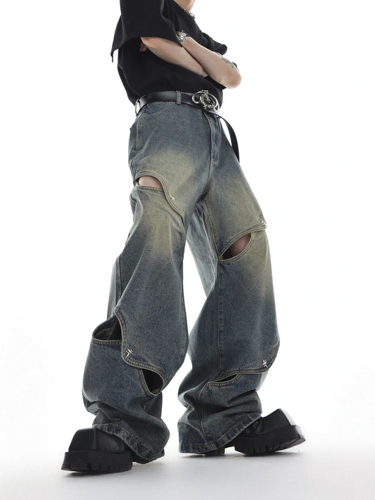 Deconstructed Washed Wide-Leg Jeans with Cut-Out - Distressed