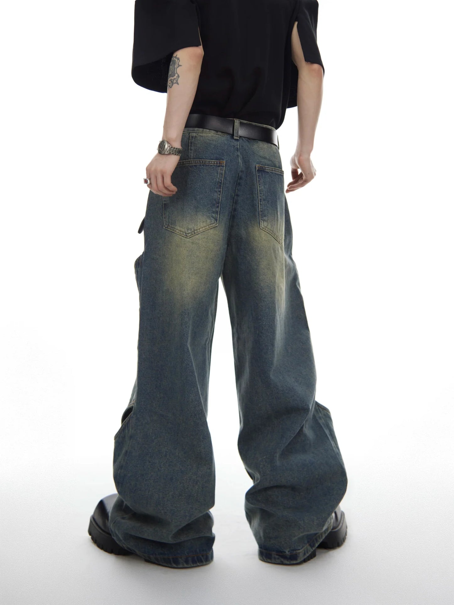 Deconstructed Washed Wide-Leg Jeans with Cut-Out - Distressed