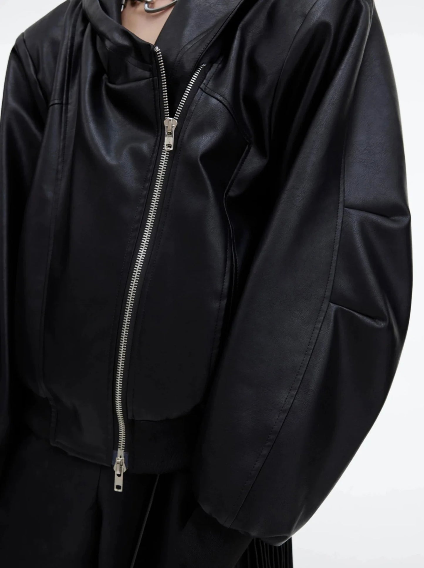 Deconstructed Zip Hooded Faux Leather Jacket | Unique Curved Sleeve Coat