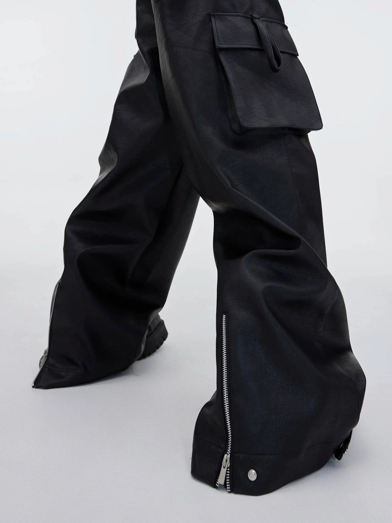 Designer Faux Leather Wide-Leg Pants | 3D Pockets & Metal Zip Detail