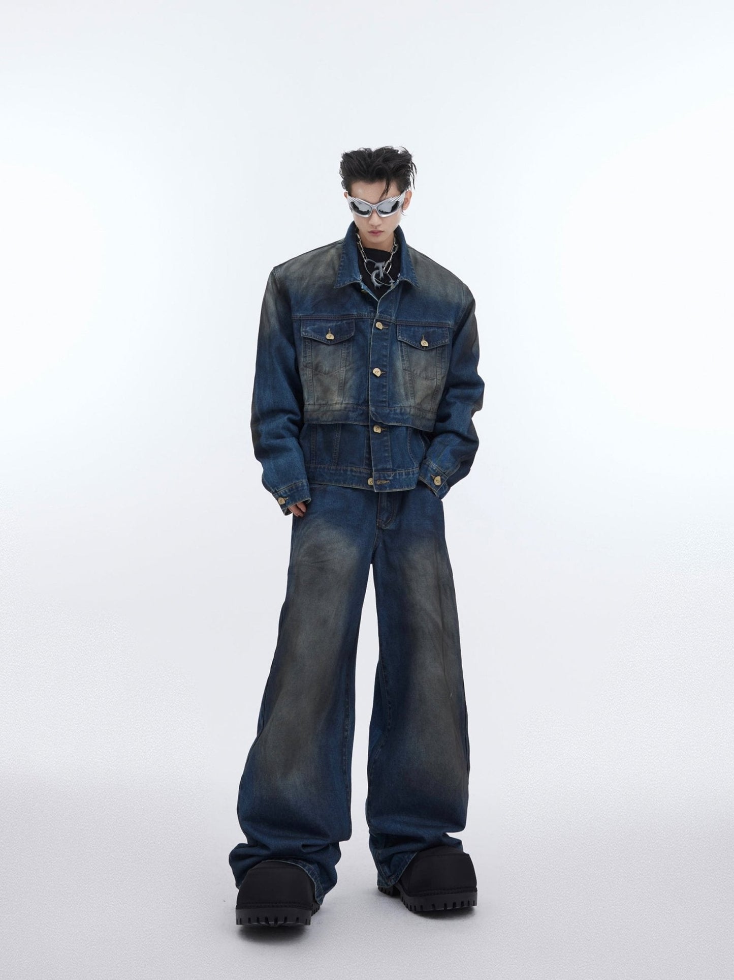 Distressed Denim Suit with Double-Layer Jacket and Wasteland Jeans