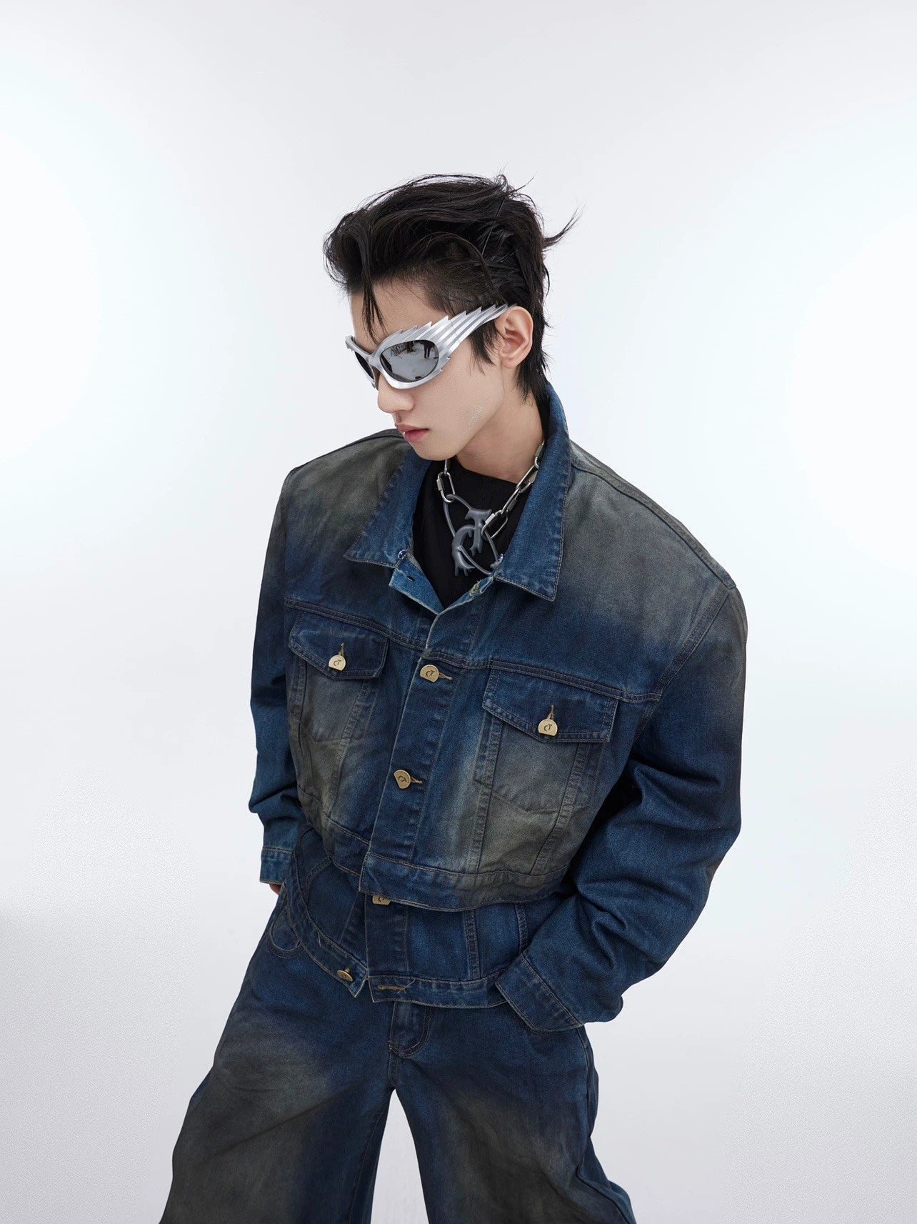 Distressed Denim Suit with Double-Layer Jacket and Wasteland Jeans