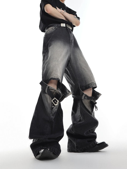 Distressed Wide-Leg High-Waist Jeans with Cut Out - Belt Spliced