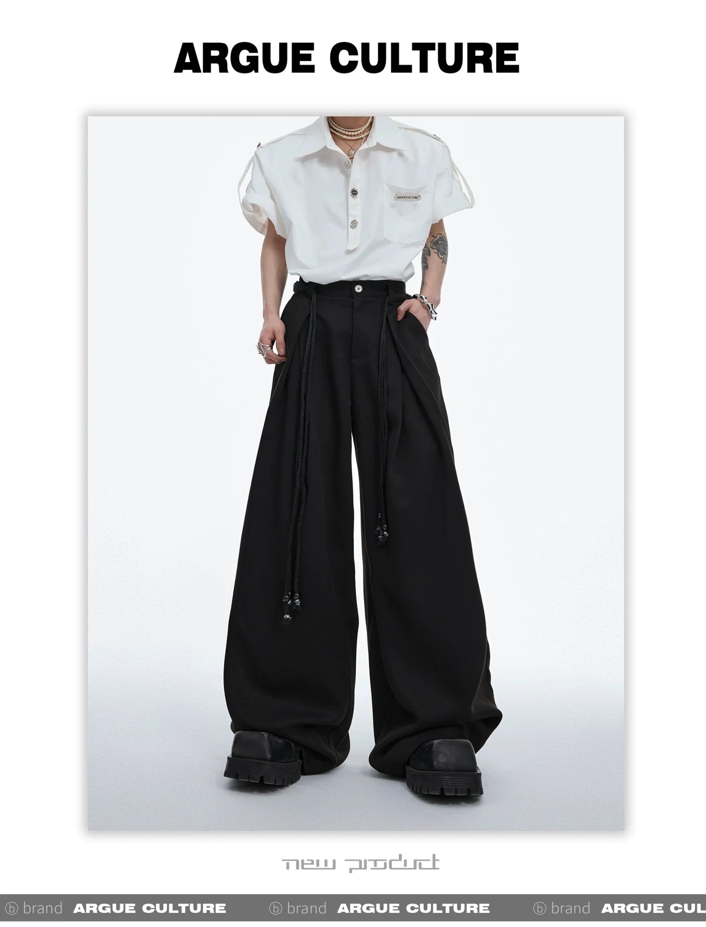 Drawstring Pleated Twill Loose Fit Casual Pants with Deconstructed Design