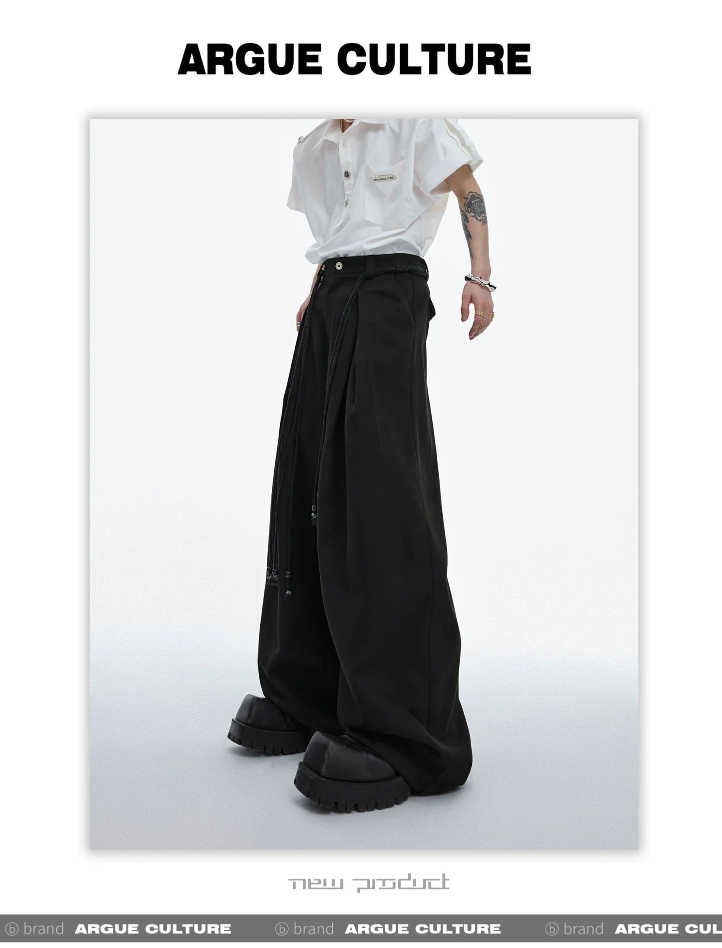 Drawstring Pleated Twill Loose Fit Casual Pants with Deconstructed Design