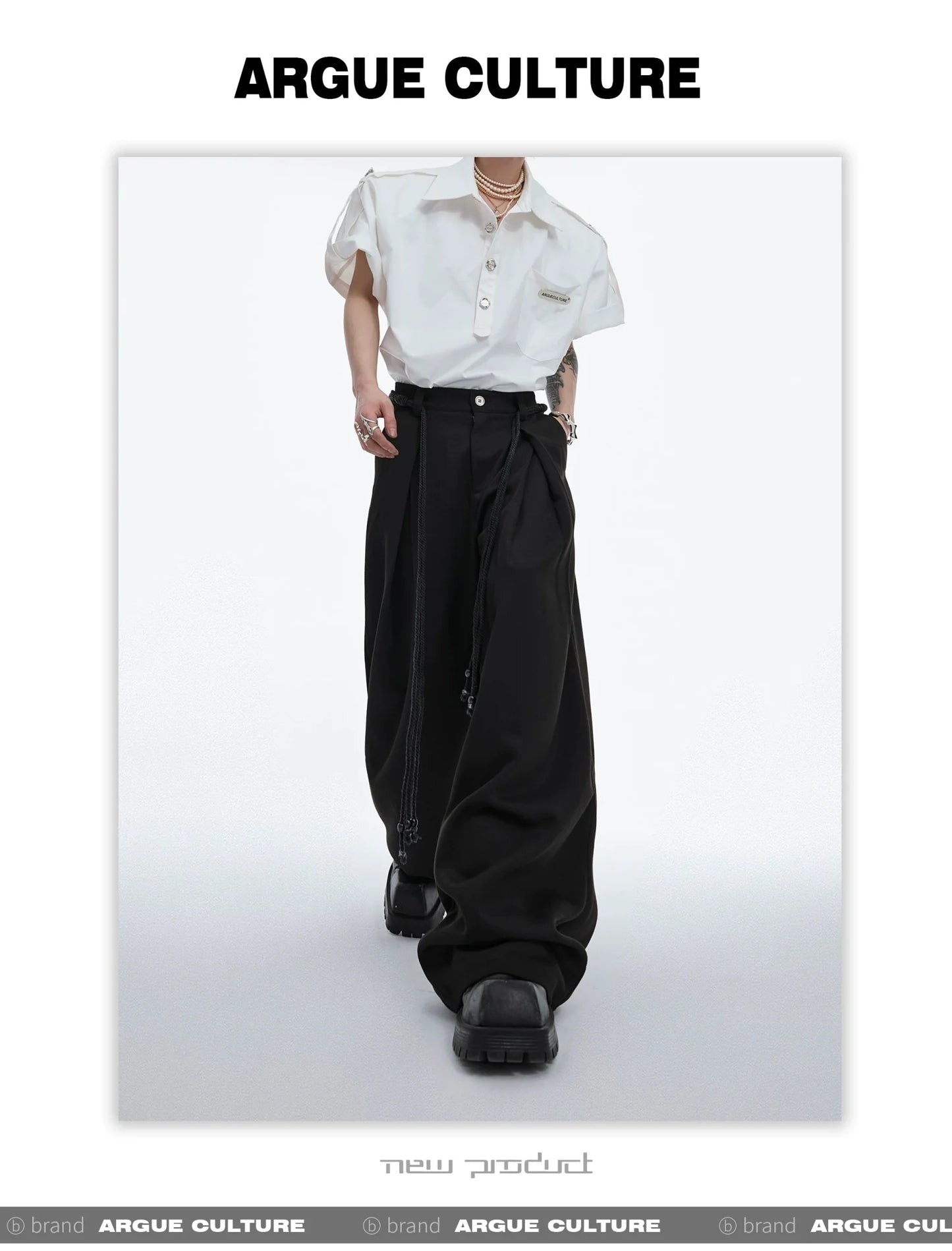 Drawstring Pleated Twill Loose Fit Casual Pants with Deconstructed Design