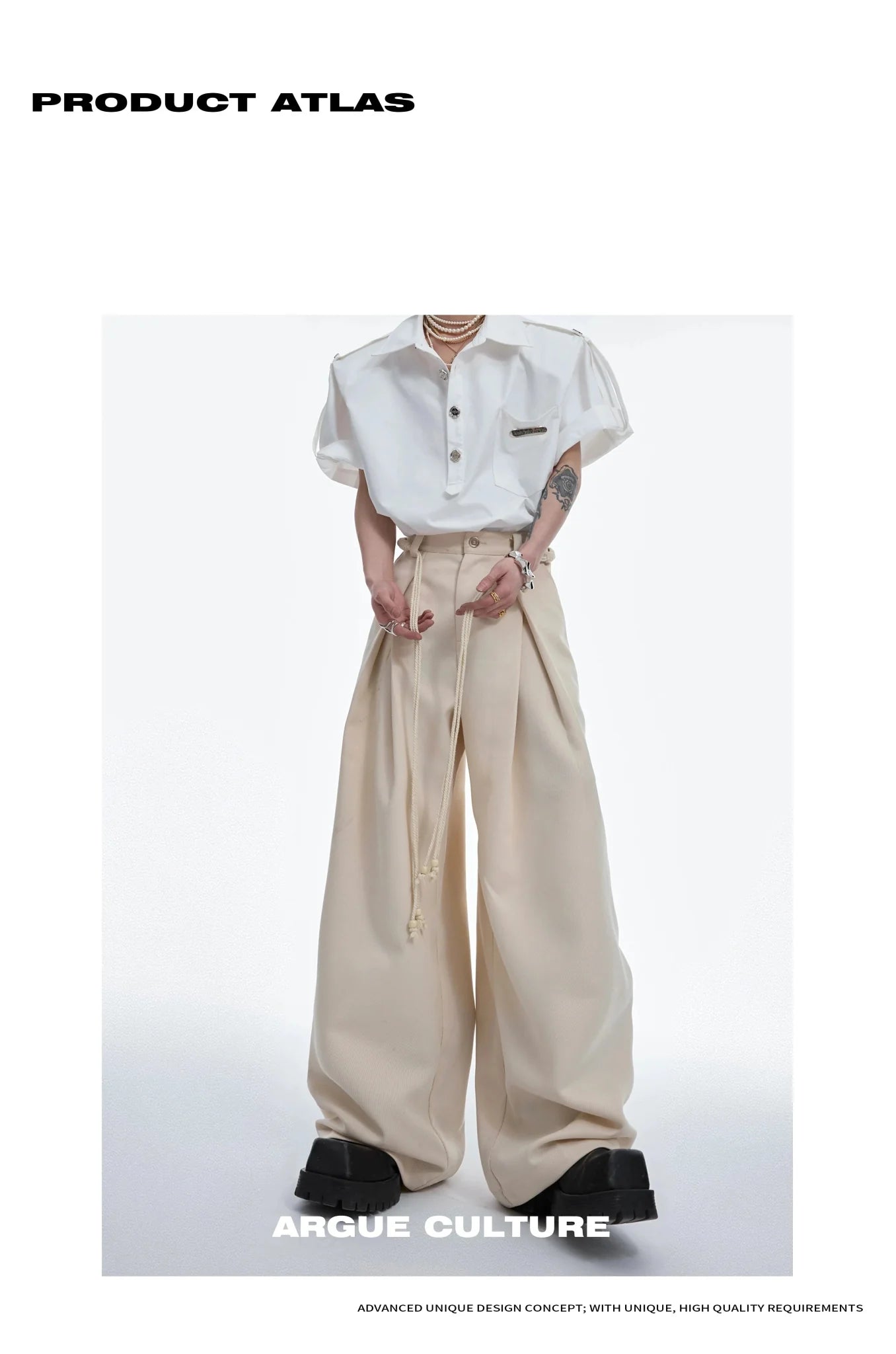 Drawstring Pleated Twill Loose Fit Casual Pants with Deconstructed Design