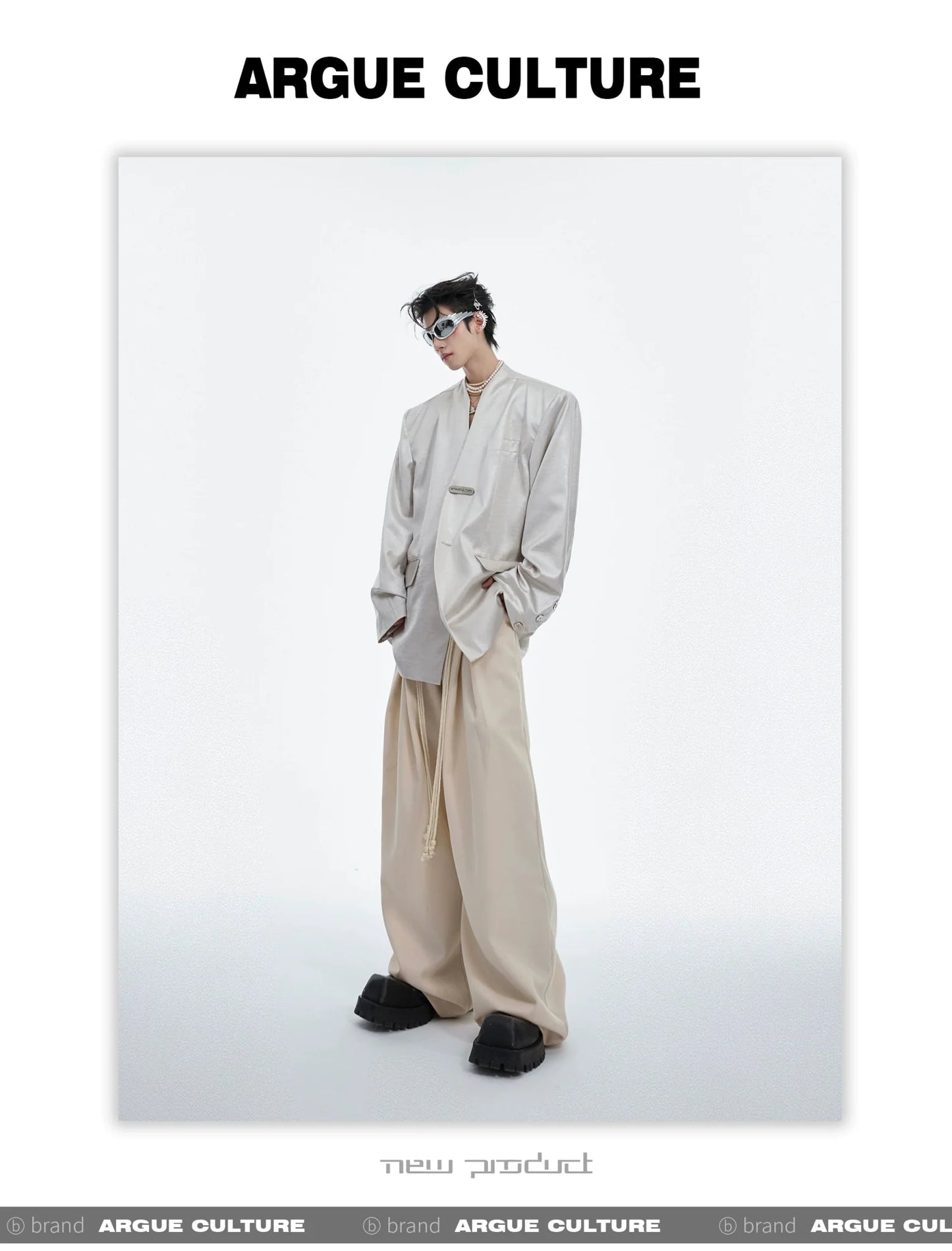 Drawstring Pleated Twill Loose Fit Casual Pants with Deconstructed Design