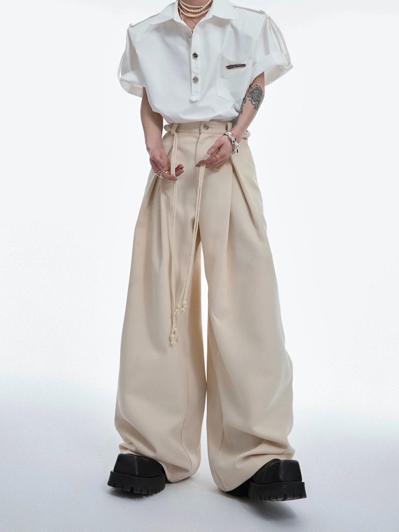 Drawstring Pleated Twill Loose Fit Casual Pants with Deconstructed Design