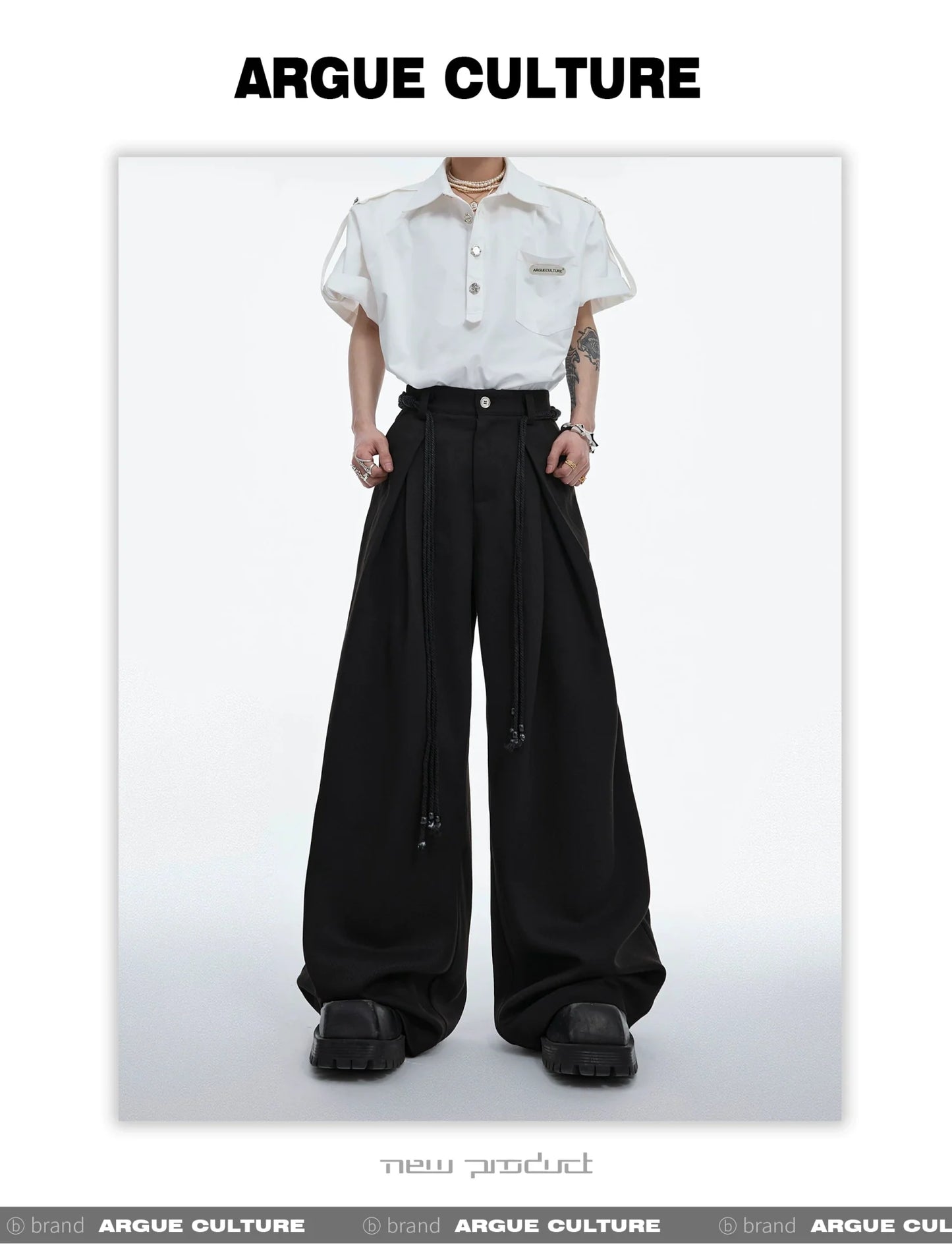 Drawstring Pleated Twill Loose Fit Casual Pants with Deconstructed Design