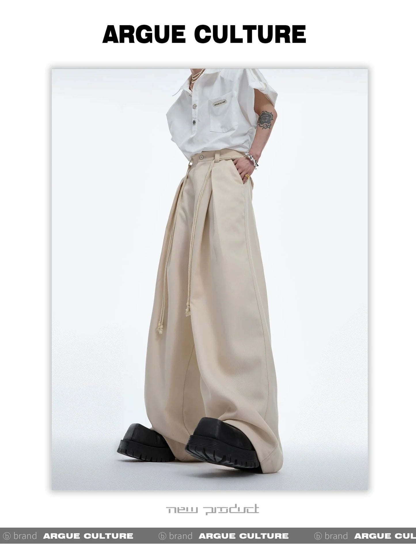 Drawstring Pleated Twill Loose Fit Casual Pants with Deconstructed Design