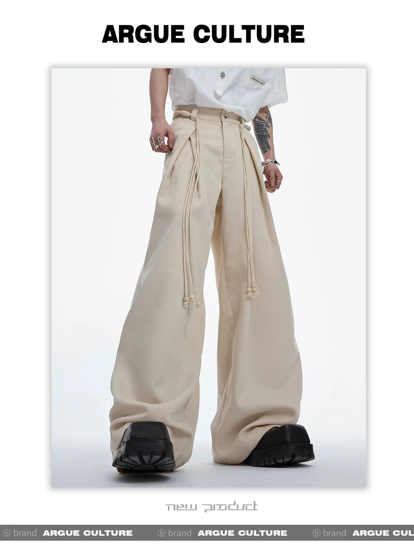 Drawstring Pleated Twill Loose Fit Casual Pants with Deconstructed Design