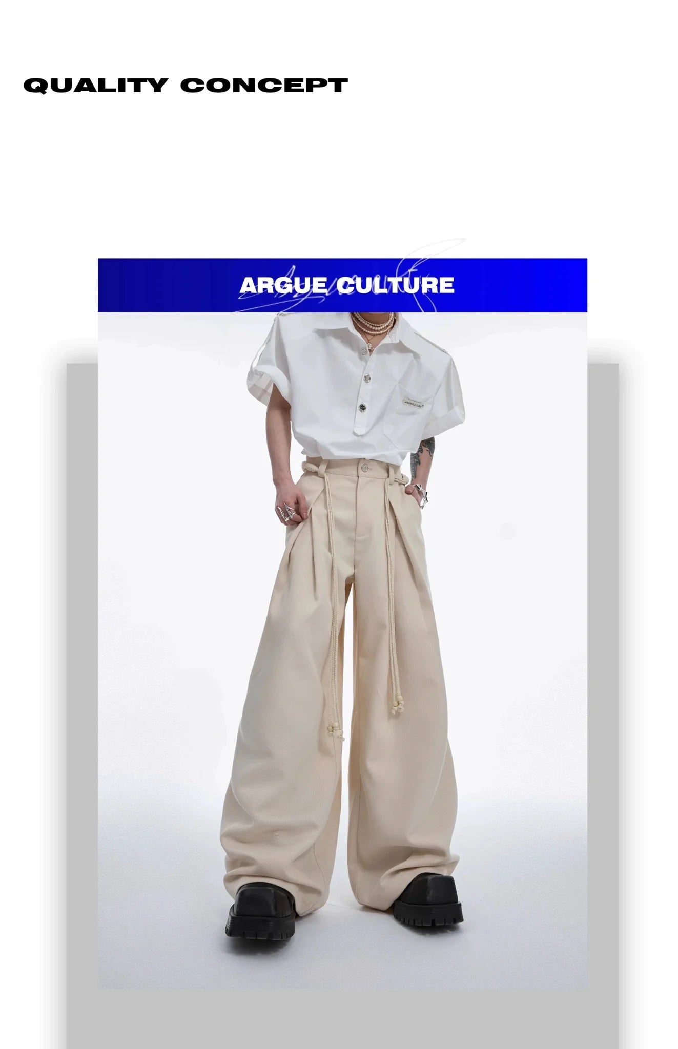 Drawstring Pleated Twill Loose Fit Casual Pants with Deconstructed Design