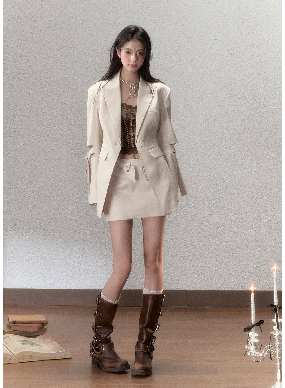 Champagne-colored Slim Blazer & Skirt Set