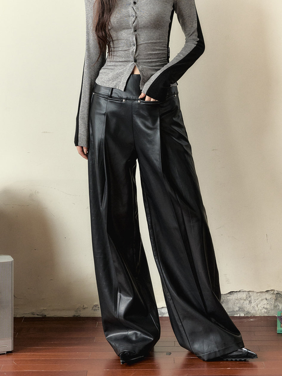 Black Loose-fitting Studded PU Leather Pants