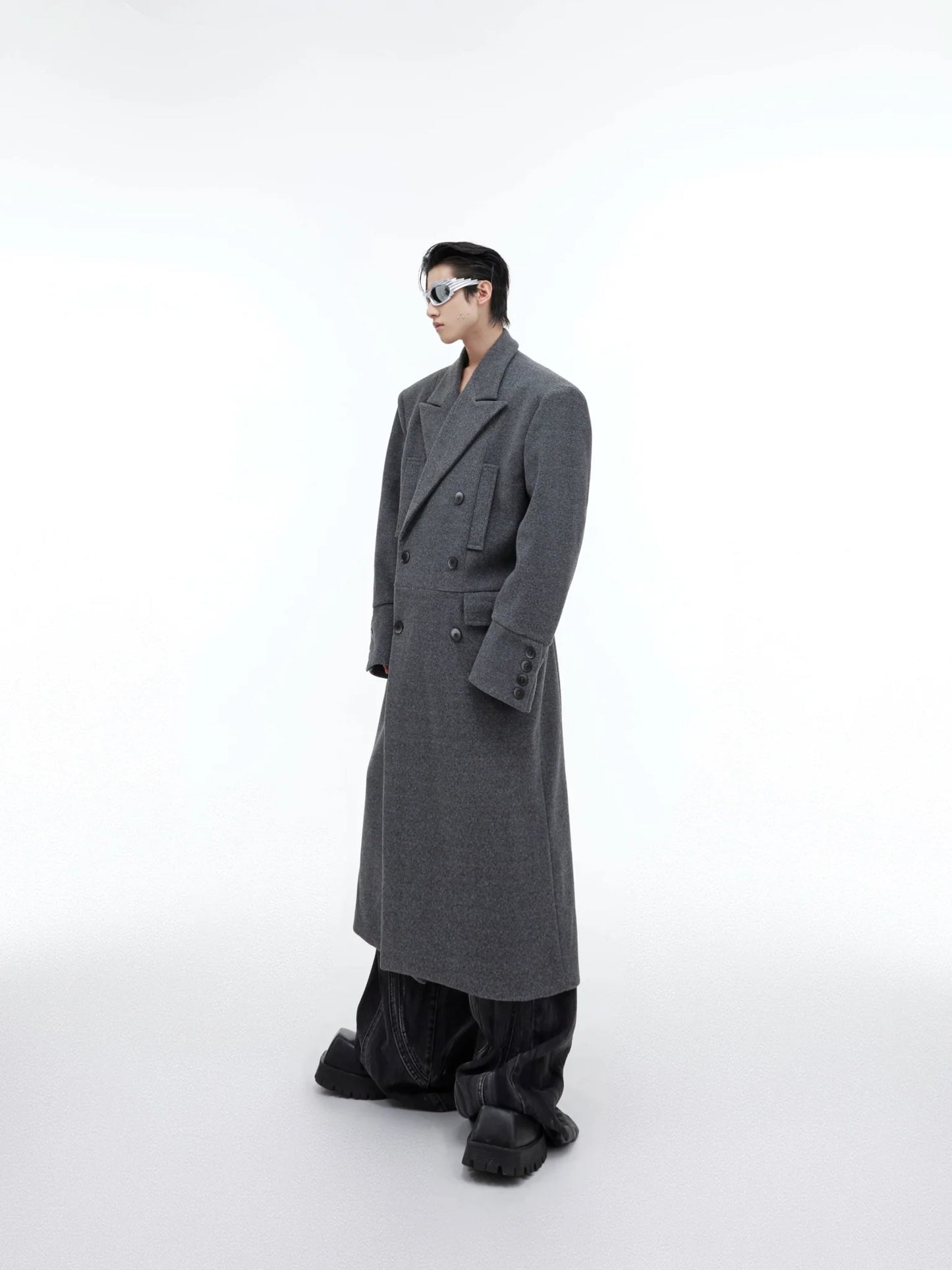 Edgy Structured Shoulder Woolen Overcoat | Minimalist Longline Trench