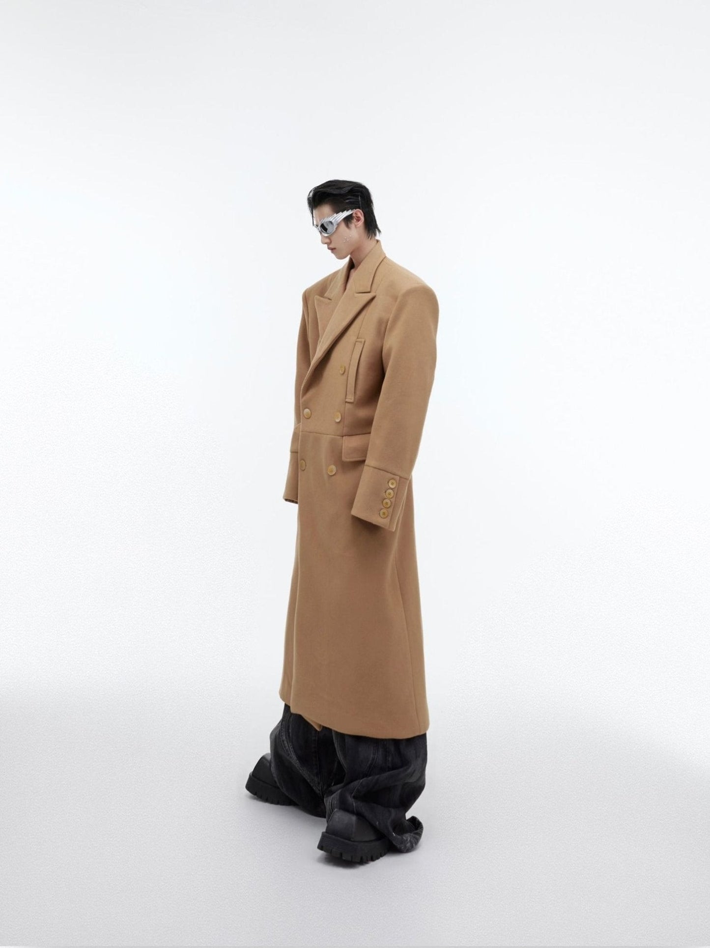 Edgy Structured Shoulder Woolen Overcoat | Minimalist Longline Trench