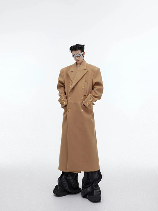 Edgy Structured Shoulder Woolen Overcoat | Minimalist Longline Trench