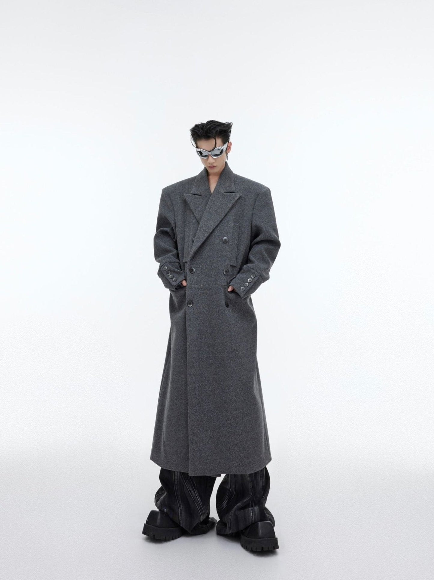 Edgy Structured Shoulder Woolen Overcoat | Minimalist Longline Trench