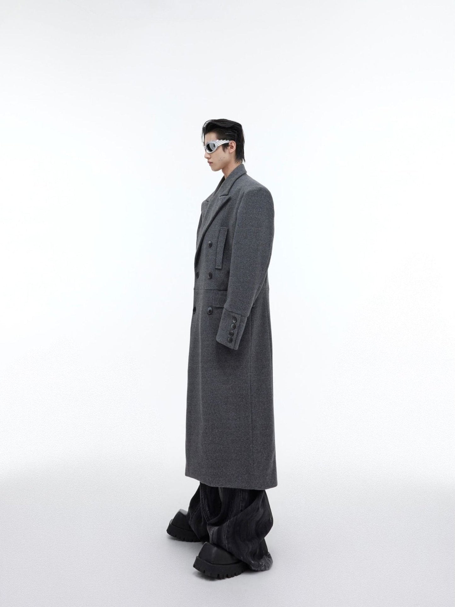 Edgy Structured Shoulder Woolen Overcoat | Minimalist Longline Trench