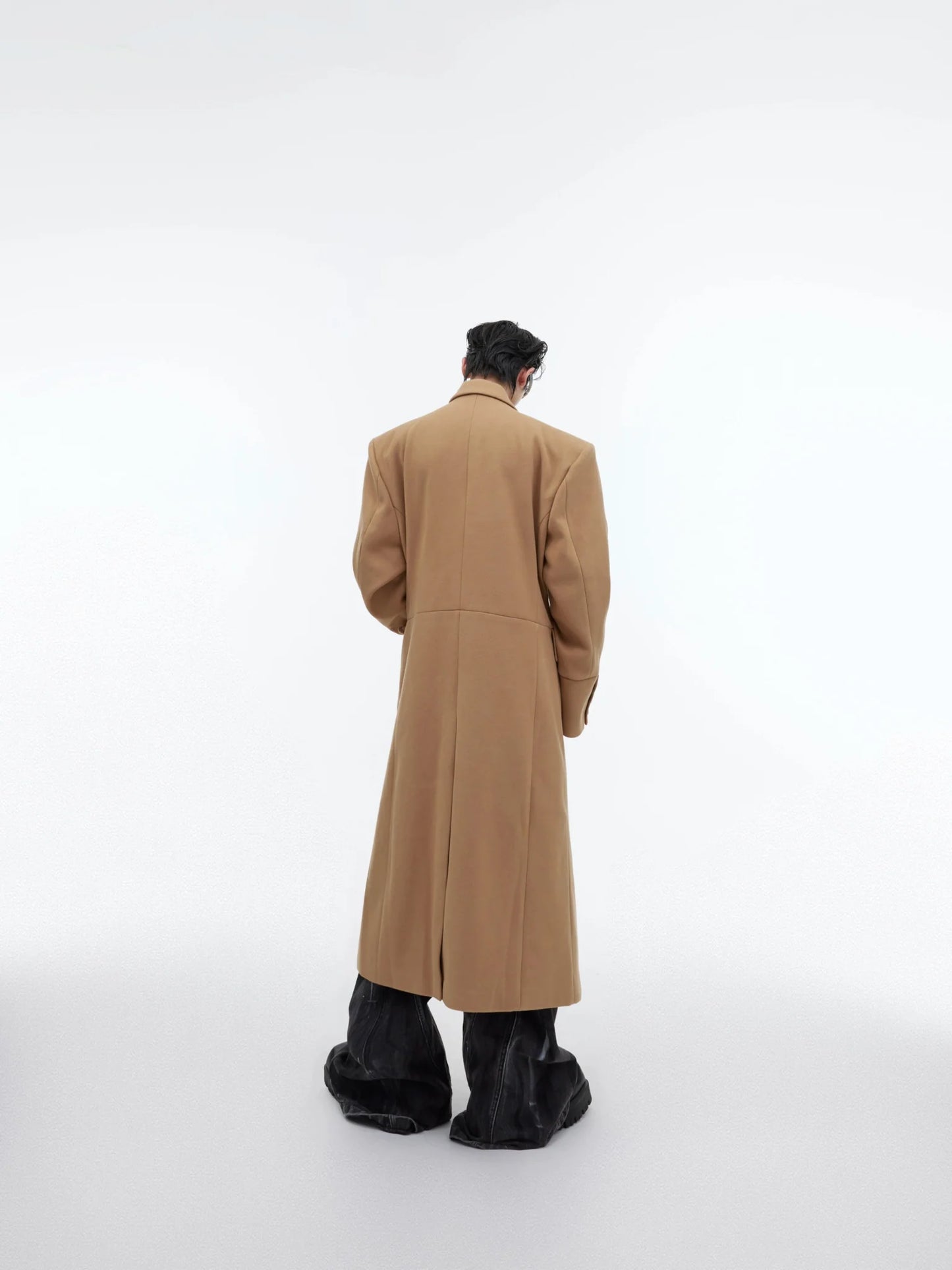 Edgy Structured Shoulder Woolen Overcoat | Minimalist Longline Trench