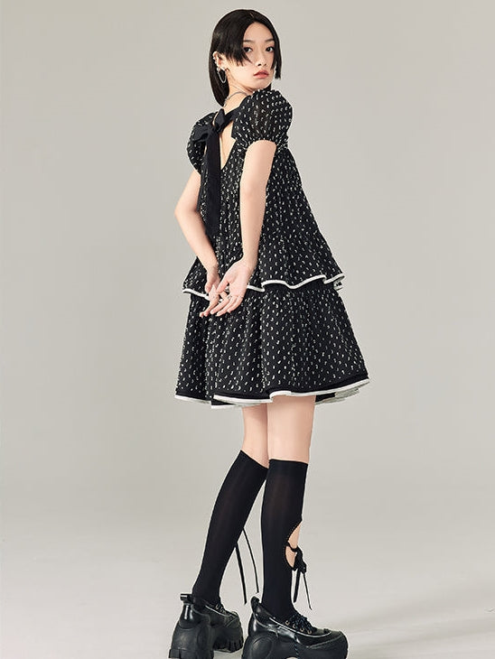 Puff Sleeves Polka Dot Short Dress