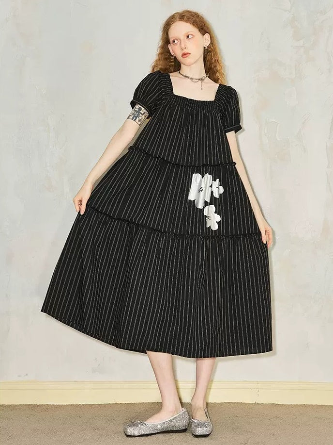 Puff Sleeve Flower Stripe Loose Tiered One-piece