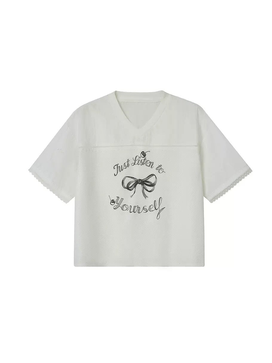 リボンチェリープリントVネック半袖Tシャツ