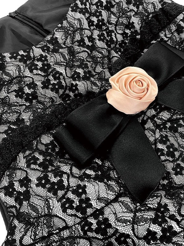 레이스 퀼팅 보우 플라워 브로치 선드레스 &amp; 퍼프 슬리브 탑