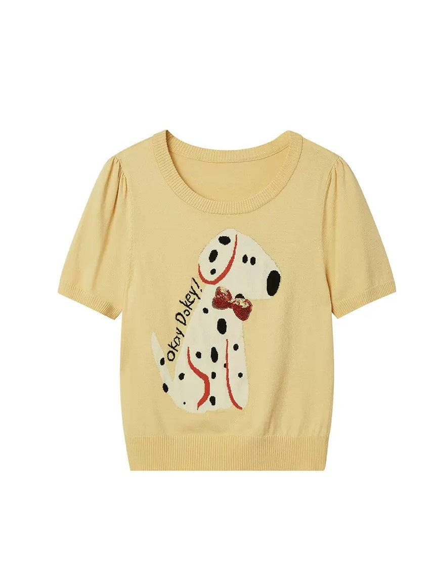 Round Neck Short-sleeved Spotted Dog Knitted Top