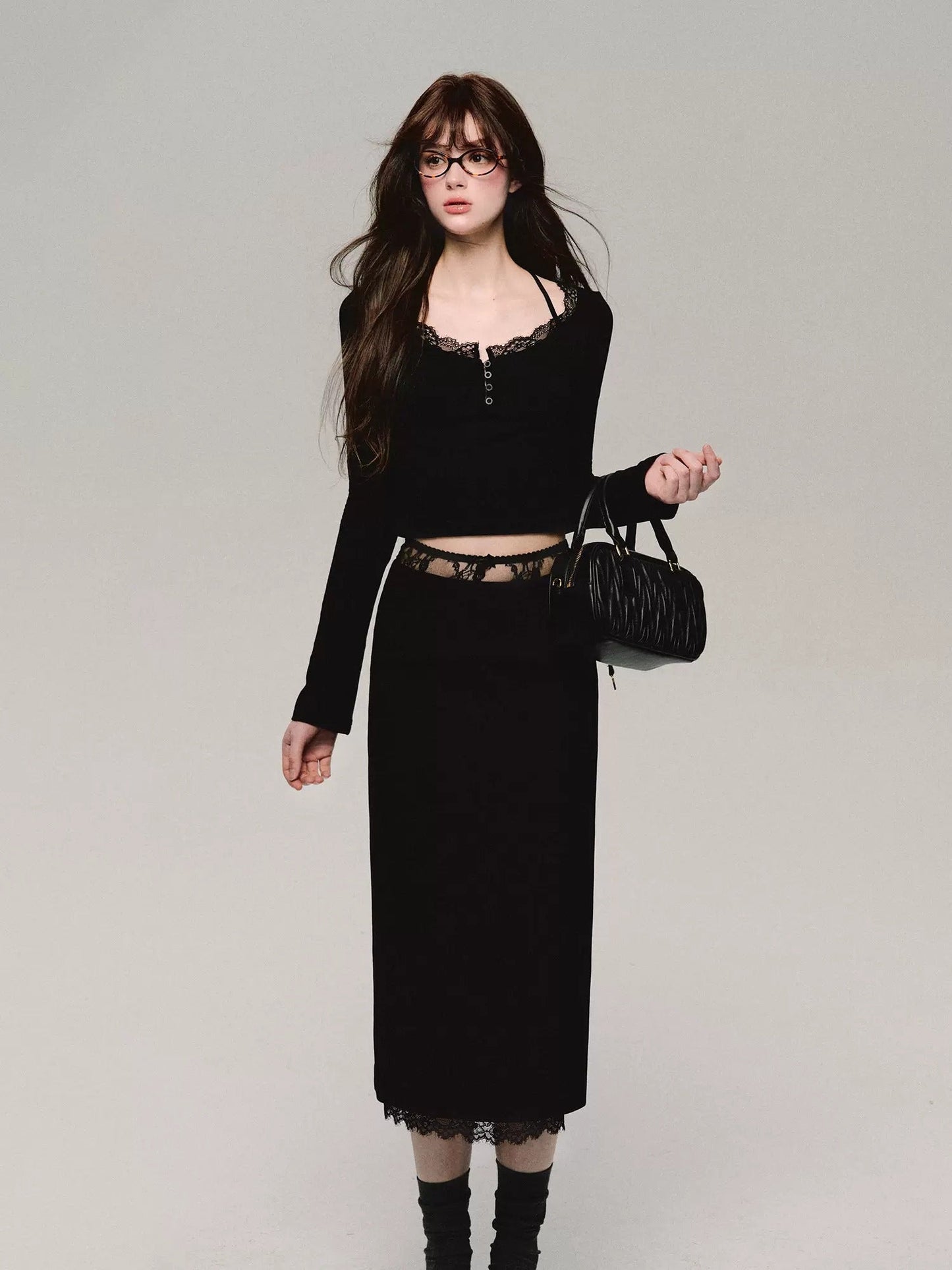 로우 웨이스트 레이스 스플라이싱 스트레이트 스커트 