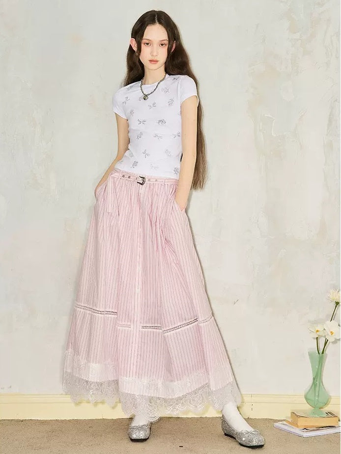 Striped Lace Hollow Long Gather Skirt