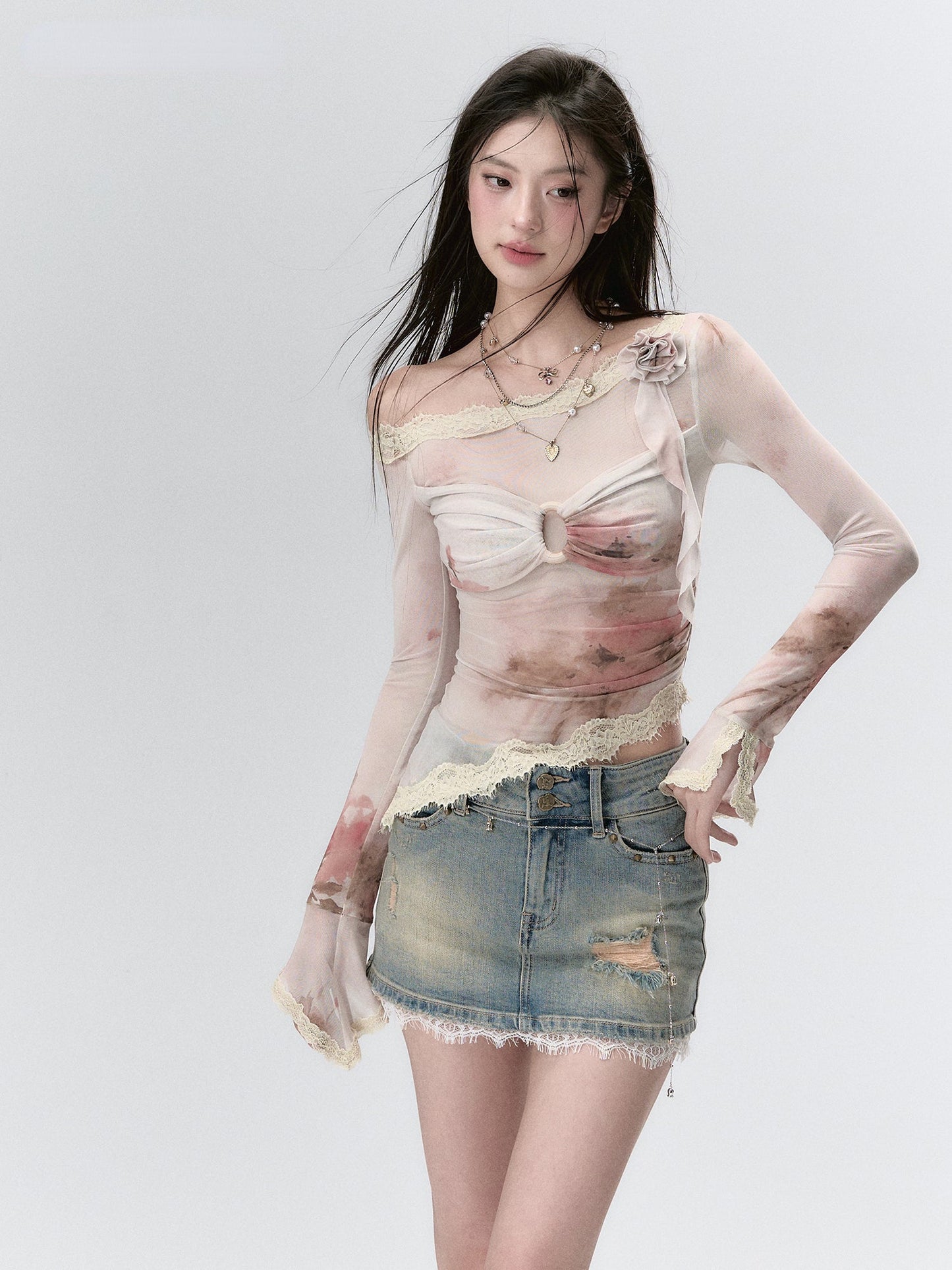 Lace Paneling Mesh Off-the-Shoulder Blouse