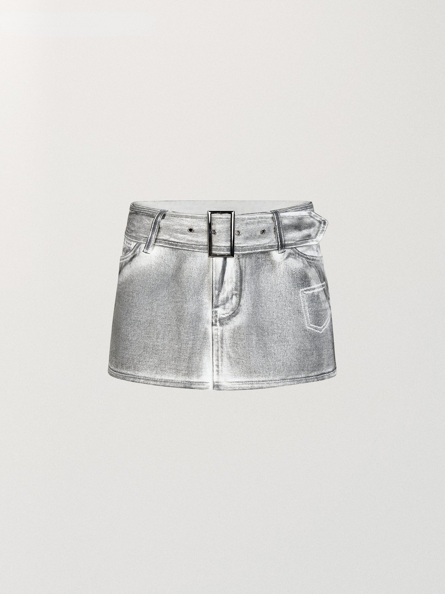 Wide Belt Washed Denim A-Line Mini Skirt