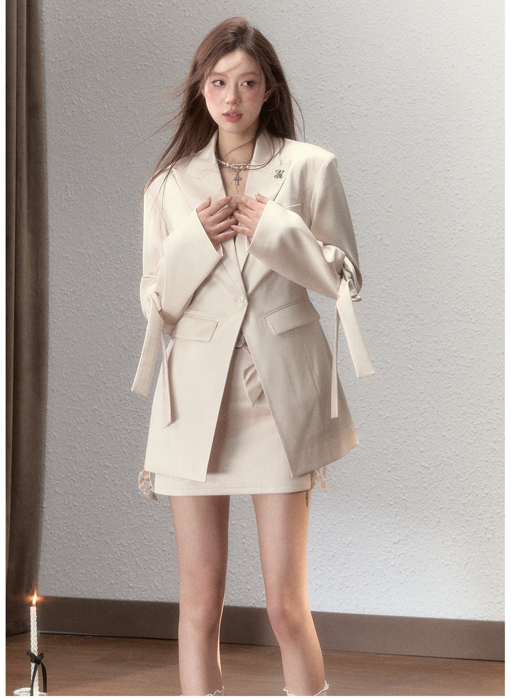 Champagne-colored Slim Blazer & Skirt Set