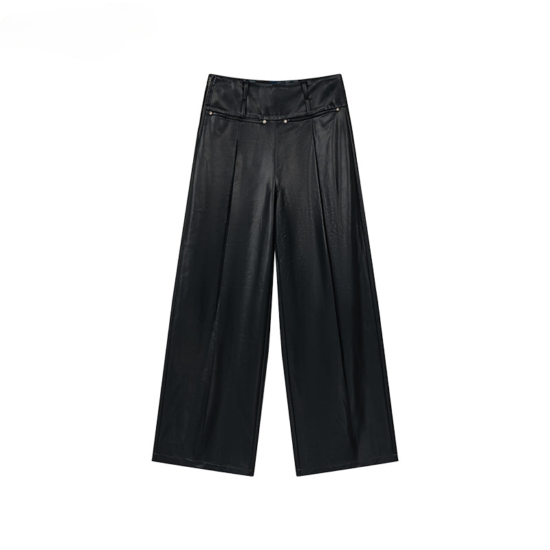 Black Loose-fitting Studded PU Leather Pants