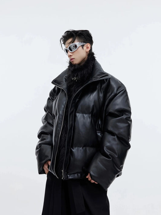 Faux Leather and Plush Puffer Jacket | Edgy Deconstructed Short Coat for Men