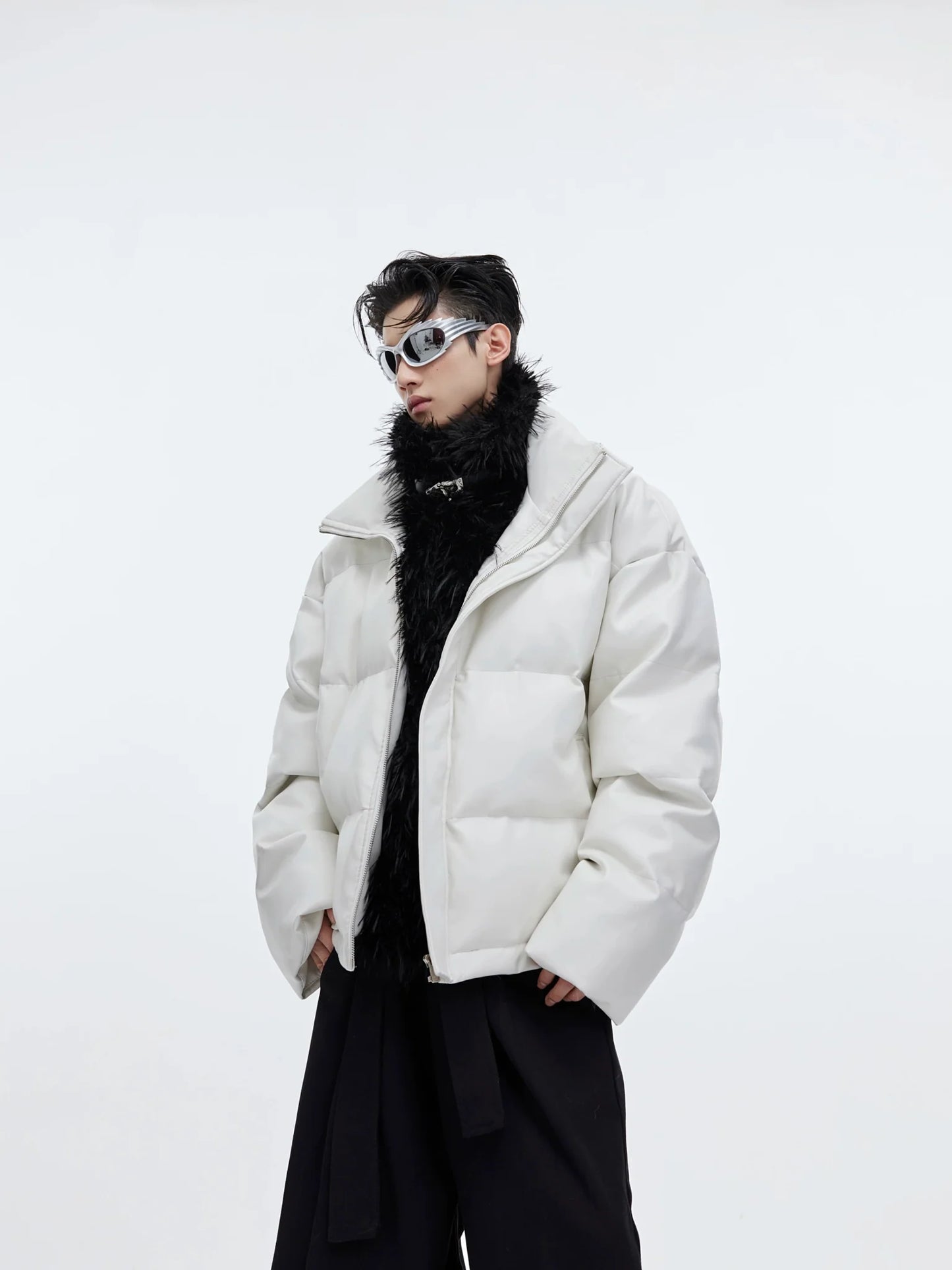 Faux Leather and Plush Puffer Jacket | Edgy Deconstructed Short Coat for Men