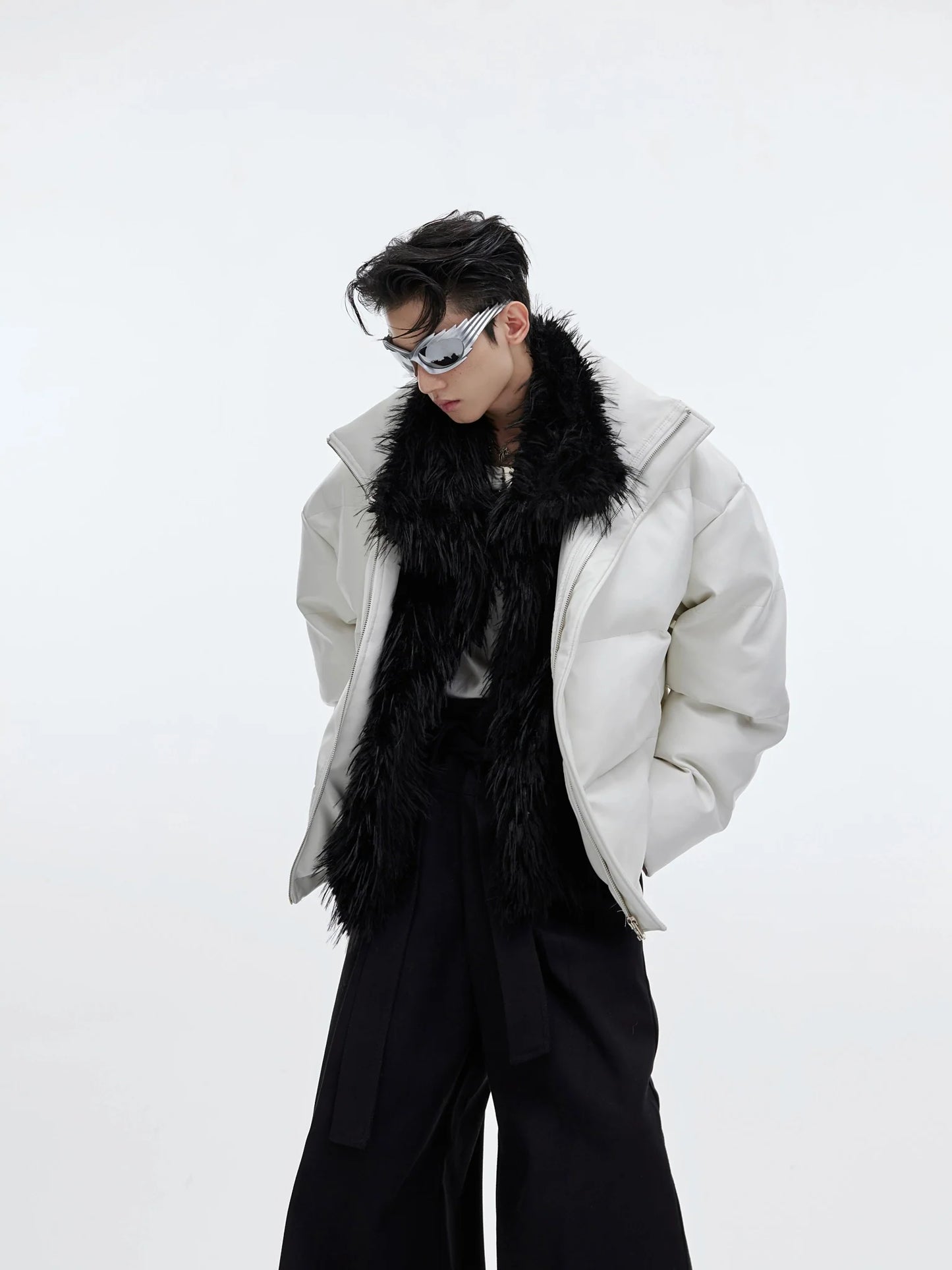 Faux Leather and Plush Puffer Jacket | Edgy Deconstructed Short Coat for Men