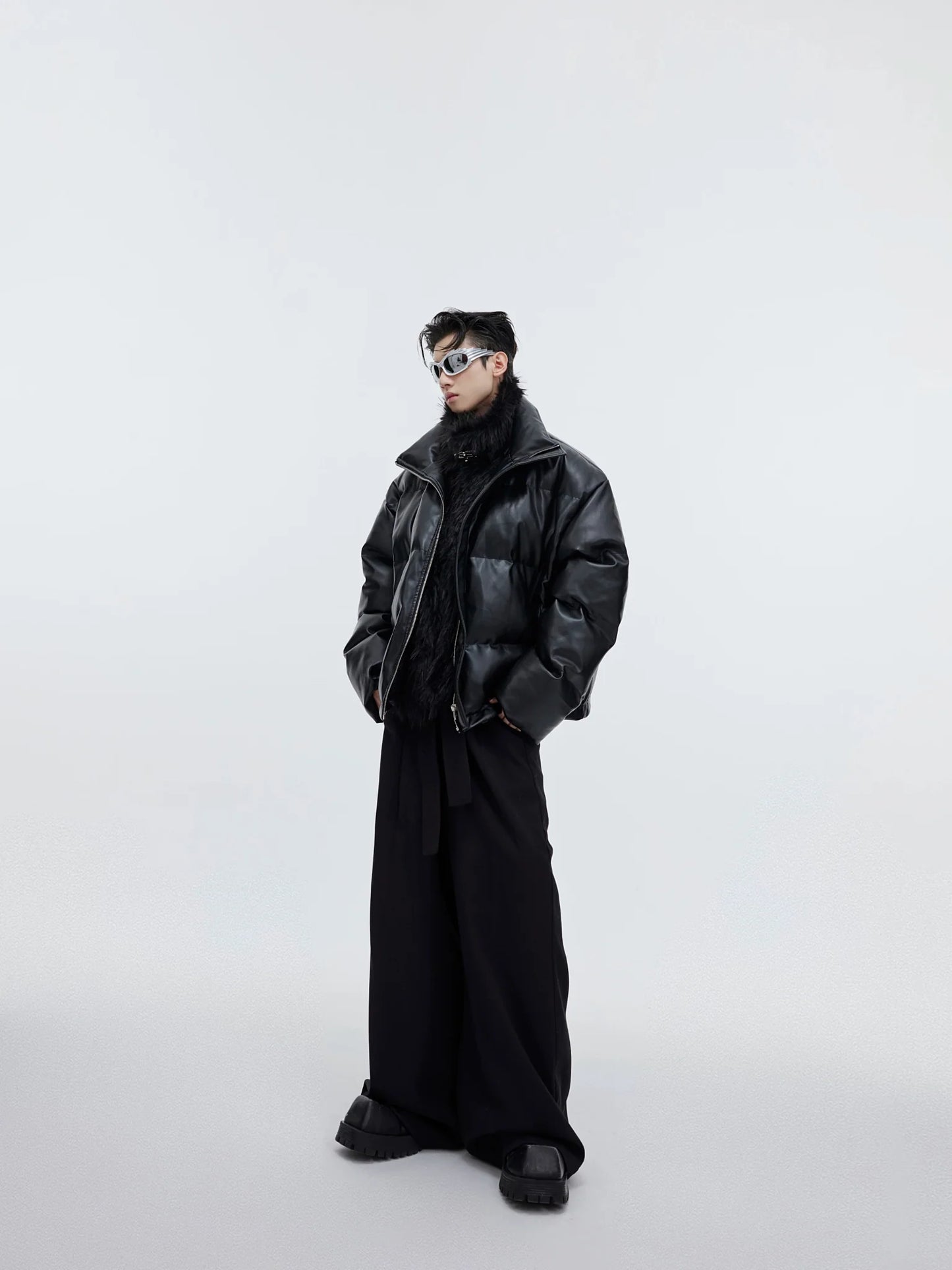 Faux Leather and Plush Puffer Jacket | Edgy Deconstructed Short Coat for Men