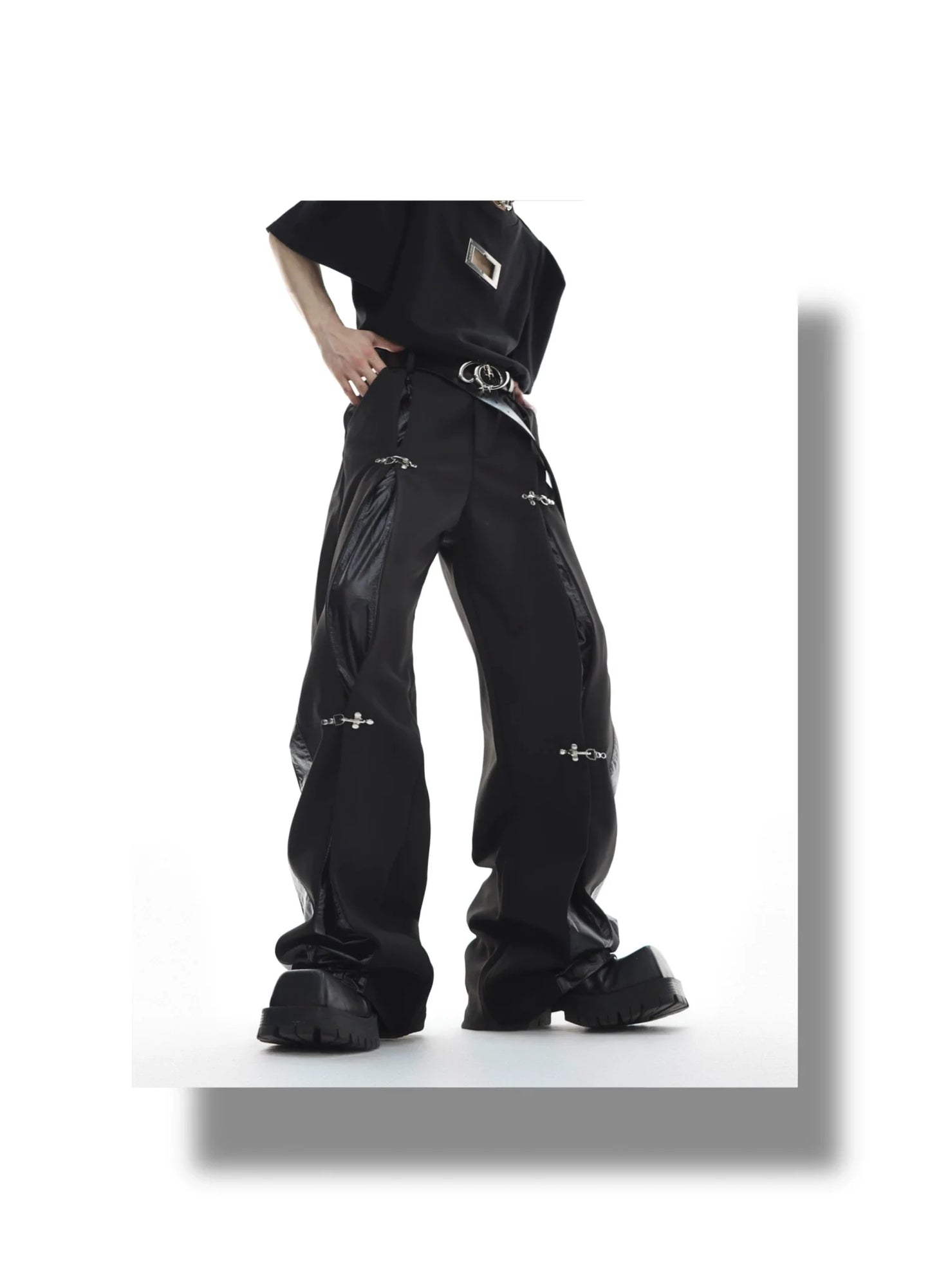 Faux Leather Patchwork Pants with Detachable Airplane Buckle