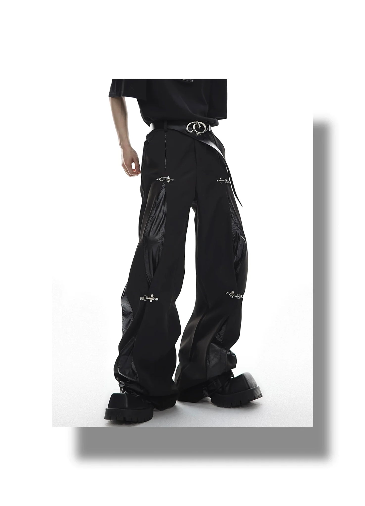 Faux Leather Patchwork Pants with Detachable Airplane Buckle