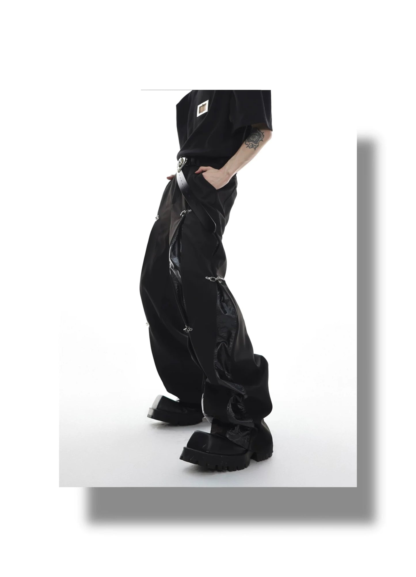 Faux Leather Patchwork Pants with Detachable Airplane Buckle