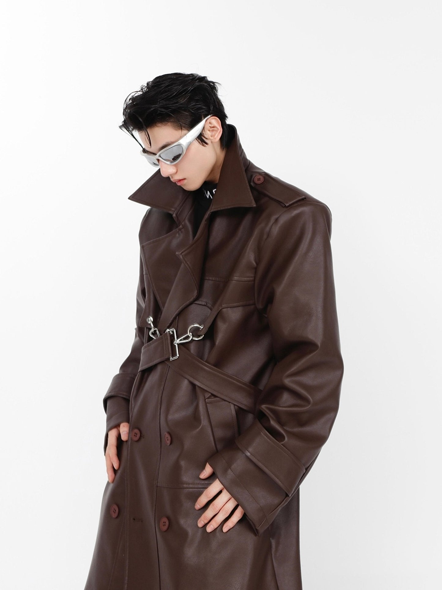 Faux Leather Shoulder-Pad Overcoat | Dual-Layer Zip Design Trench