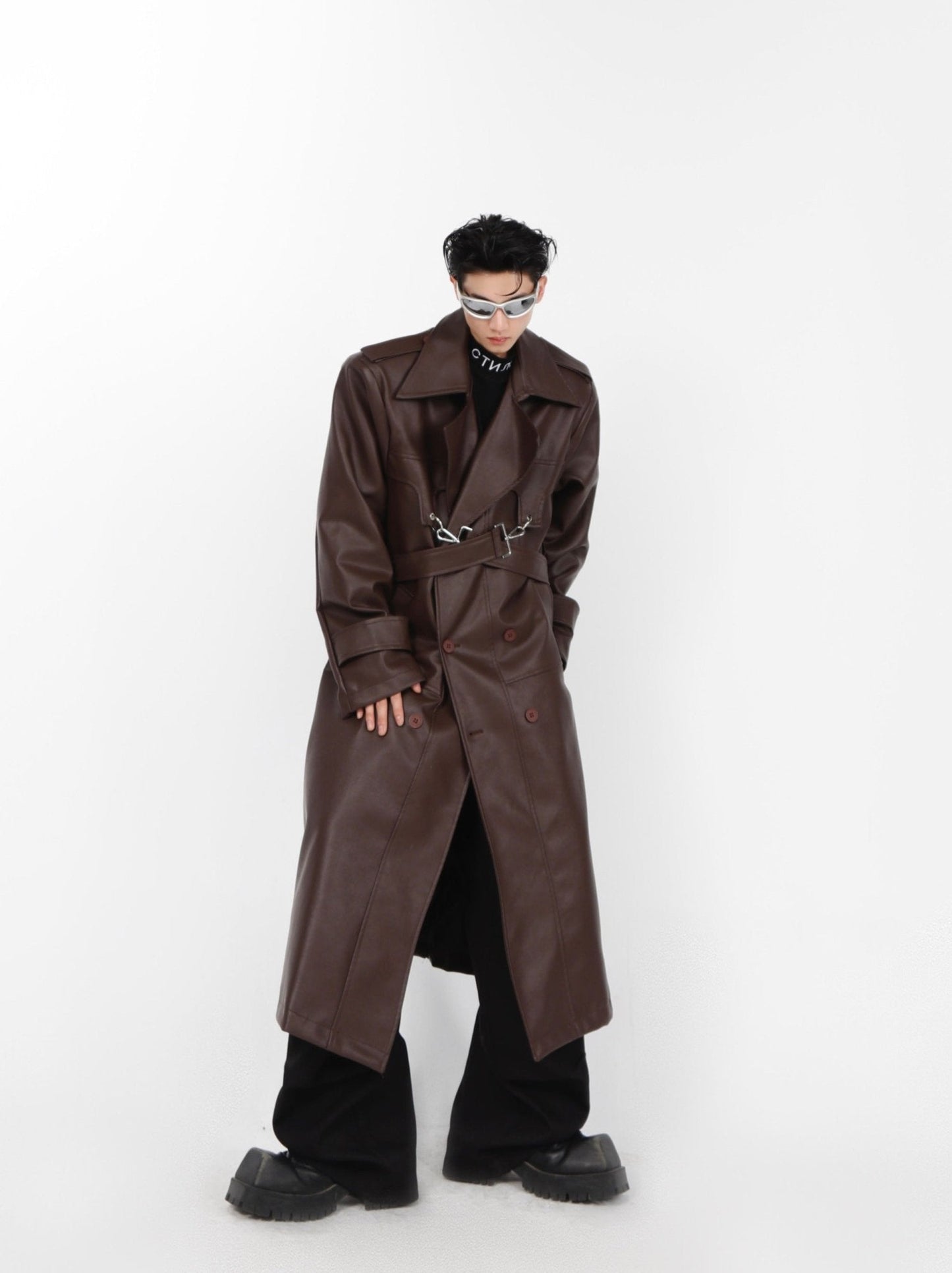 Faux Leather Shoulder-Pad Overcoat | Dual-Layer Zip Design Trench