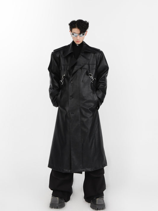 Faux Leather Shoulder-Pad Overcoat | Dual-Layer Zip Design Trench